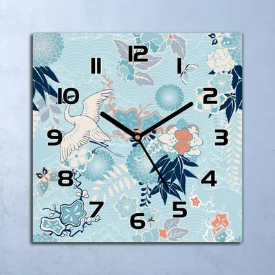Produktbild von Wanduhr Echt-Glas-Küchenuhr Vogelkräne & Blumen Quarz 30x30 Deko Bilder