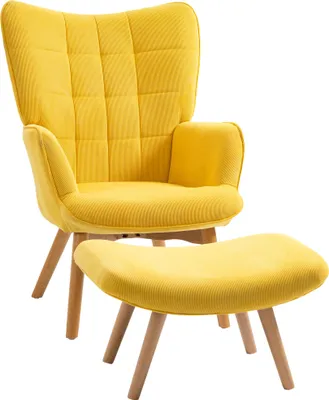Produktbild von Akzentsessel mit Hocker, Relaxsessel in Cord-Optik, Armlehnstuhl mit Holzbeinen, für Wohnzimmer, Gelb