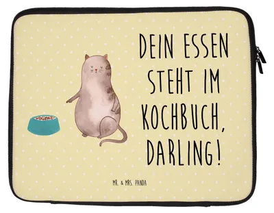 Produktbild von Mr. & Mrs. Panda Laptop Tasche Katze Fressen 33 x 42 cm - Gelb Pastell - Geschenk, Computertasche, Laptoptasche, Laptophülle, Hülle, Notebooktasche
