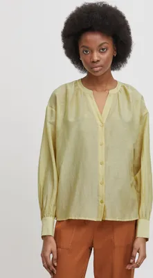 Produktbild von ATELIER RÊVE ICHI IRTHEA SH Damen kurze Bluse Kurzarm kleiner Stehkragen mit V-Ausschnitt und Knopfleiste Regular Fit