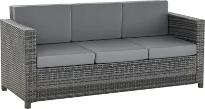 Produktbild von Poly-Rattan Sofa mit Kissen 3-Sitzer Garten Loungesofa Metall Polyester Grau 185 x 70 x 80 cm