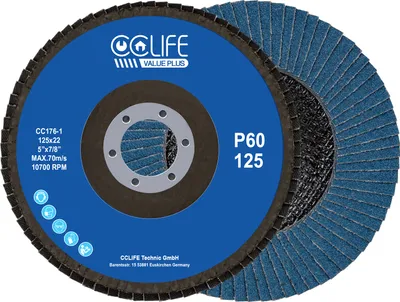 Two flap discs are shown against a white background. One disc is laid flat, showing its blue face with text and logos. The other disc is partially overlapping and angled, showing its abrasive side.