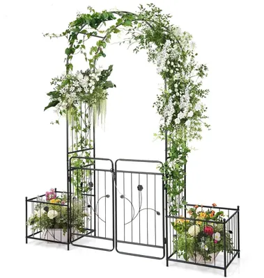 Produktbild von Rosenbogen - Metall Gartenbogen mit Tür - Spalier mit 2 Pflanzkübeln - Für Kletterpflanzen - 202 x 50 x 220 cm - Schwarz