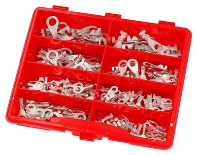 Produktbild von 180 Stück Kalitec Sortimentskasten Krallenkabelschuhe unisoliert 0,5-6mm² I Kabelschuh Ringform I Kabelverbinder I Quetschverbinder I Ringkabelschuhe Set I Messing verzinnt