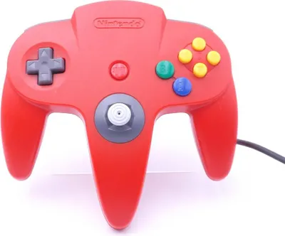 A red Nintendo 64 controller is shown against a white background.