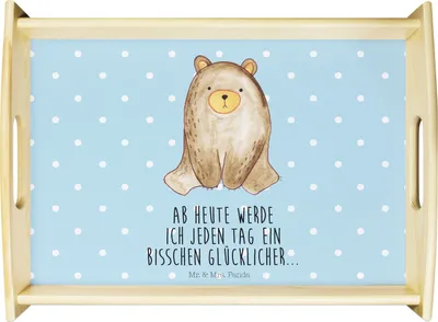 Produktbild von Mr. & Mrs. Panda Tablett Bär sitzend - Blau Pastell - Geschenk, Deko, Sofa, Serviertablett, Teddy, für bett, Servierplatte Holz