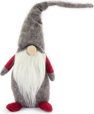 A gnome figurine with a gray hat and body, white beard, and red accents.