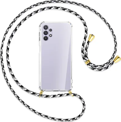 Produktbild von Handykette Backcover-Schutzhülle mit Band (Metall goldfarben) für Samsung Galaxy A32 5G - schwarz/grau/weiß