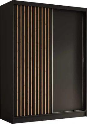 A modern sliding door wardrobe with a black finish and wooden vertical slats on one door.