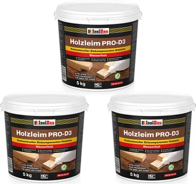 Produktbild von Isolbau Holzleim PRO-D3 - 3 x 5 kg Eimer Extra starker Holzkleber für alle Holzarten, für Innen & Außen, Wasserfest, Lösemittelfrei