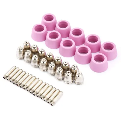 A collection of plasma cutter consumables, including pink ceramic cups and silver metal electrodes and nozzles, arranged on a white background.