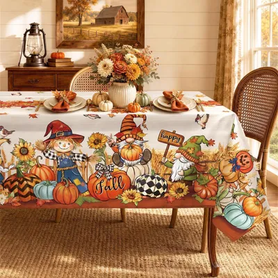 Obrázek produktu pro Polyesterová ubrus s motivem dýně a skřítka, omyvatelná, rozměry 152 x 213 cm