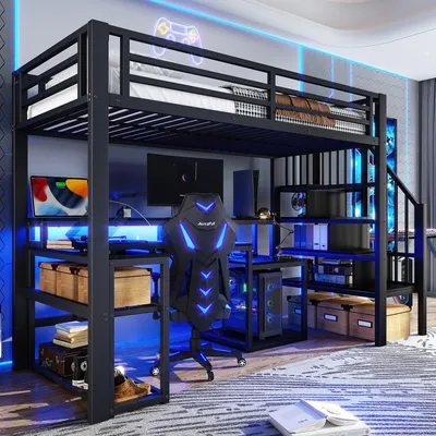 Image de Lit superposé 90x200 cm, structure en fer, étagère, escaliers intégrés, bureau, port USB, éclairage LED, couleur noire