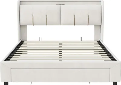 Zdjęcie produktu dla Łóżko z pojemnikiem – łóżko podwójne 140 x 200 cm – hydrauliczny mechanizm podnoszący – schowek pod materacem – tapicerka aksamitna – oświetlenie LED w zagłówku – beżowe
