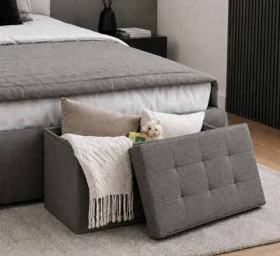Produktbild von belviona Sitztruhe mit Stauraum, faltbare Sitzbank für Wohnzimmer, Flur oder Schlafzimmer, 80 l Volumen, 76x38x38 cm, grau