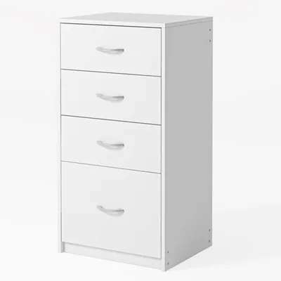 A white four-drawer chest of drawers against a white background.