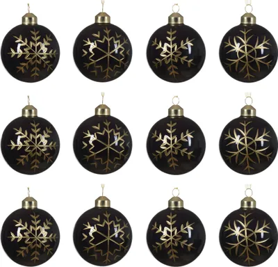 Produktbild von Weihnachtskugeln Glas 8cm mit Schneeflocken Muster 12er Set Schwarz / Gold
