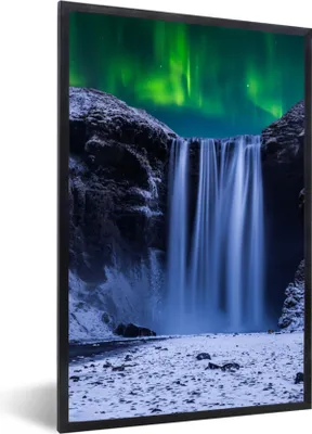 Produktbild von MuchoWow® Gerahmtes Poster Nordlichter - Wasserfall - Schnee - Island 40x60 cm - Poster mit Schwarzem Bilderrahmen Wandposter Rahmen Foto Bilder - Papierdruck - Wandbilder