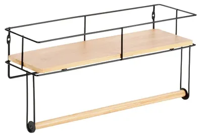 Zdjęcie produktu dla Uchwyt na rolki kuchenne z metalową półką - Montaż na ścianie - Wymiary: 37 x 12,5 x 18,5 cm - Kolor: czarny
