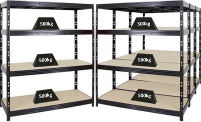Produktbild von Mega Deal | 4x Profi Schwerlastregal Rhino | HxBxT 180x160x60cm | 4 Spanplatten-Ebenen 8mm | Fachlast 500kg | Schwarz