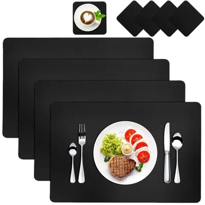Produktbild von Platzset, Rutschfeste Tischset 4er-Set, Tischsets aus Kunstleder, wasserdicht, hitzebeständig, mit 4 Untersetzer, Schwarz