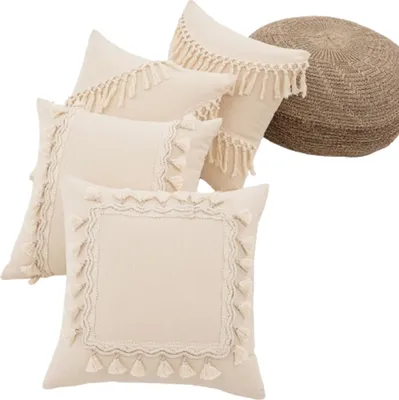 Produktbild von 4 Stück Quaste Kissenbezug 45x45cm Boho Deko für Sofa Kein Kern Beige