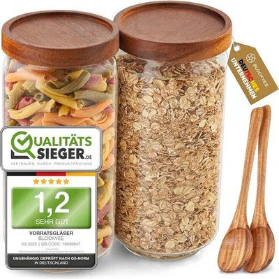 Produktbild von Gläserne Behälter, 2 x 1000 ml, elegante, mit Holzdeckel, Set mit Löffel, für das Lagern von Muesli, Pasta, Behälter mit Holzdeckel