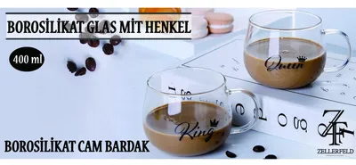 Productafbeelding van Set van 2 glazen bekers van borosilicaatglas met handvat, 400 ml, merk Cam, geschikt voor koffie en thee, transparant