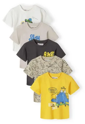 Produktbild von Minoti Jungen T-Shirt 5er Pack 100% Baumwolle Dinosaurier Print Weiß für Kinder - Kurzarm Rundhals Basic Shirts