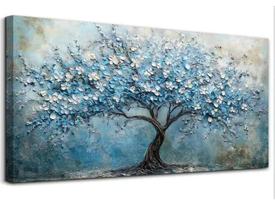 Image de Grand tableau sur toile, "Arbre de la vie en fleurs", 73x146 cm, bleu, abstrait, décoration murale