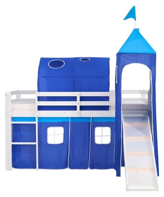 Produktbild von Homestyle4u Hochbett 90x200 mit Rausfallschutz Kinder mit Rutsche Leiter TurmTunnel Vorhang Blau