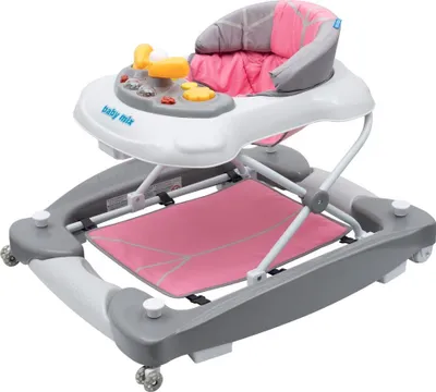 A baby walker with a pink seat and gray frame, shown from a slightly elevated angle against a white background.