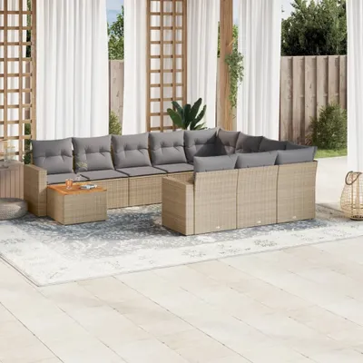 Produktbild von Design 11-tlg. Garten-Sofagarnitur mit Kissen Beige Poly Rattan, Gartensofas 2024 Neu