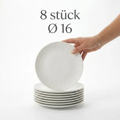 Set aus 8 Weiß Porzellanteller mit Randstruktur 16 cm