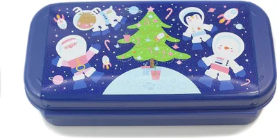 A blue plastic container with a festive Christmas space theme, featuring astronauts, a Christmas tree, and rockets.