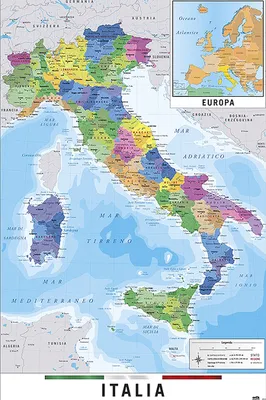 A physical and political map of Italy, with an inset map of Europe.