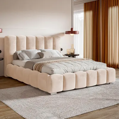 Produktbild von MOTIVENA Grand Bubble Polsterbett 120x200 mit Bettkasten, Holz Lattenrost, Bubble Bett 120x200 Beige Samt (Amor 04)