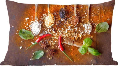 Produktbild von MuchoWow® Zierkissen Sofakissen Wohnzimmer Dekokissen 50x30 cm Löffel - Kräuter - Chili - Gewürze - Salz - Wohnzimmerdekoration - Polster mit Photo