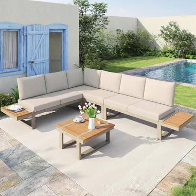 Produktbild von Gartenmöbel-Set, umbaubar 2 Relaxbetten, Eckposition, mit verstellbarer Kippfunktion (5-stufig, bis 55°), verzinktes Stahlrohr, Tischplatte Kunststoff