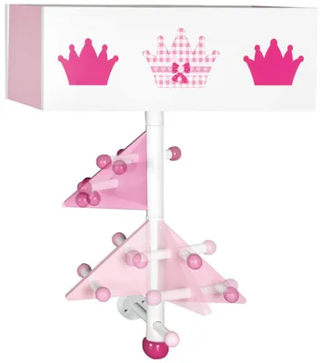 Obrázek produktu pro dětský věšák roba "Crown" ze dřeva, růžově lakovaný a potištěný, k montáži na zeď, s 9 háčky a 2 přihrádkami