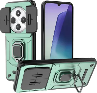 Produktbild von Hülle für Xiaomi Redmi 14C Dual Layer Handyhülle Schiebe Kamera Schutz und Ringhalter Ständer Grün