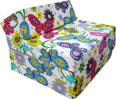 A foldable chair or mattress covered in a colorful butterfly and floral pattern.