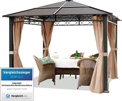 Produktbild von Gartenpavillon 3x3 m wasserdicht ALU Deluxe Pavillon mit 4 Seitenteilen in Taupe lichtdurchlässiges Hardtop Dach