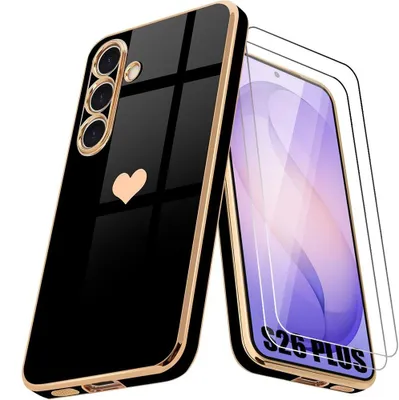 Image de Coque + 2 Verres Trempés pour Samsung Galaxy S26 Plus, Protection Silicone Motif Cœur Antichoc Souple Anti-Rayures Noir
