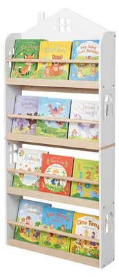 Kinderbücherregal, Wandregal, 4 Fächer, Hausform, 130x60x15 cm, Weiß/Natur