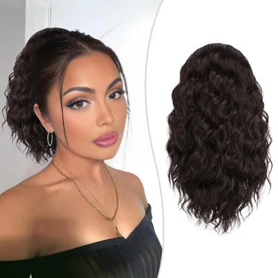 Image de Pièce de cheveux brun foncé, bouclée, queue de cheval, 30 cm, extension de cheveux synthétique à clip, pour femmes