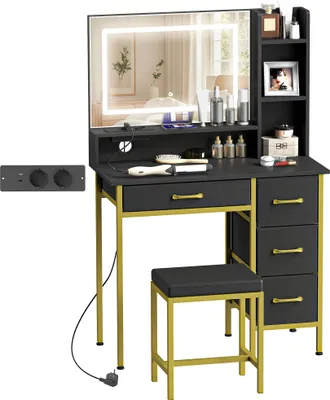 Image de Coiffeuse - Table de maquillage - Avec miroir - Éclairage LED - Station de recharge - Tabouret - 4 tiroirs - Noir