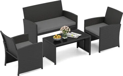 Obrázek produktu pro COSTWAY Sada zahradního nábytku z polyrattanu, venkovní lounge nábytek, sedací souprava se 2 židlemi, lavicí, stolem a polštáři, terasový nábytek, zahradní souprava šedá