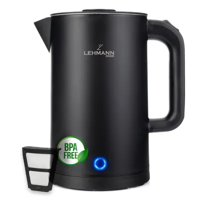 A black electric kettle is shown on a white background, with a small filter accessory next to it.