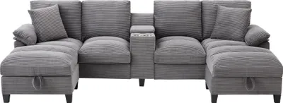 Produktbild von Merax 4-Sitzer U-förmiges Ecksofa, mit Bettkasten, Stauraum, Getränkehaltern, USB, Kissen, Modulares Sofa, Cordbezug, Couch, Couchgarnitur, Grau